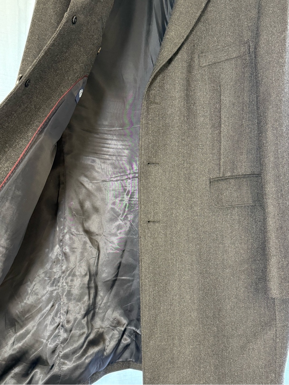 Brooks Brothers Dark Gray Wide Herringbone 100% Italian Wool Blend Overcoat- 44R - Picture 4 of 15